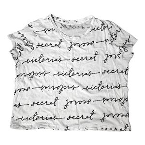 Victoria's Secret Cropped White Sleep Tee with Black Script Allover